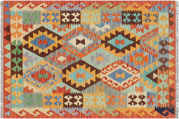 Flat Weave Kilim, Antique, Navaho, Vintage, Handmade, Geometric Kilim Blue Rust Hand-Woven Rectangle 100% Wool Area Rug 3 x 4